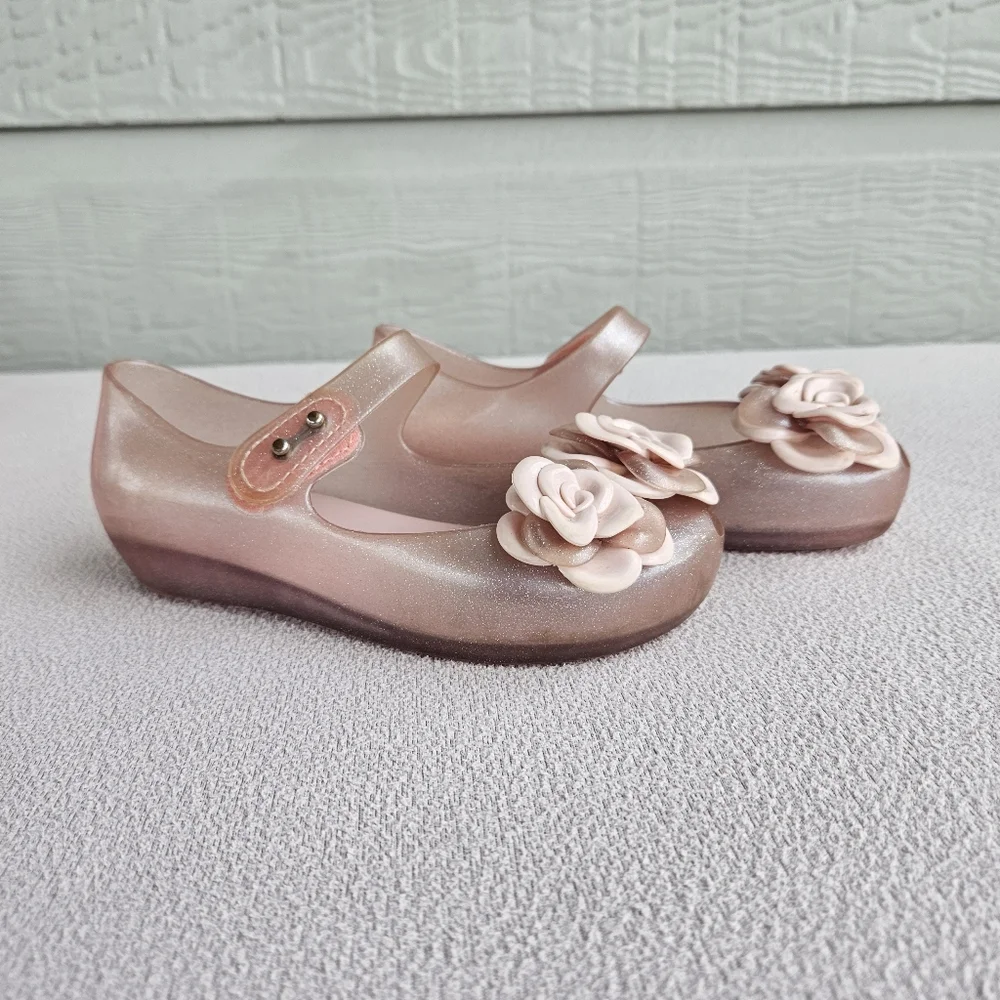 Mini Melissa Pink Sparkle Floral Rose Jelly Mary Jane Shoe Girl SZ 11 Spring